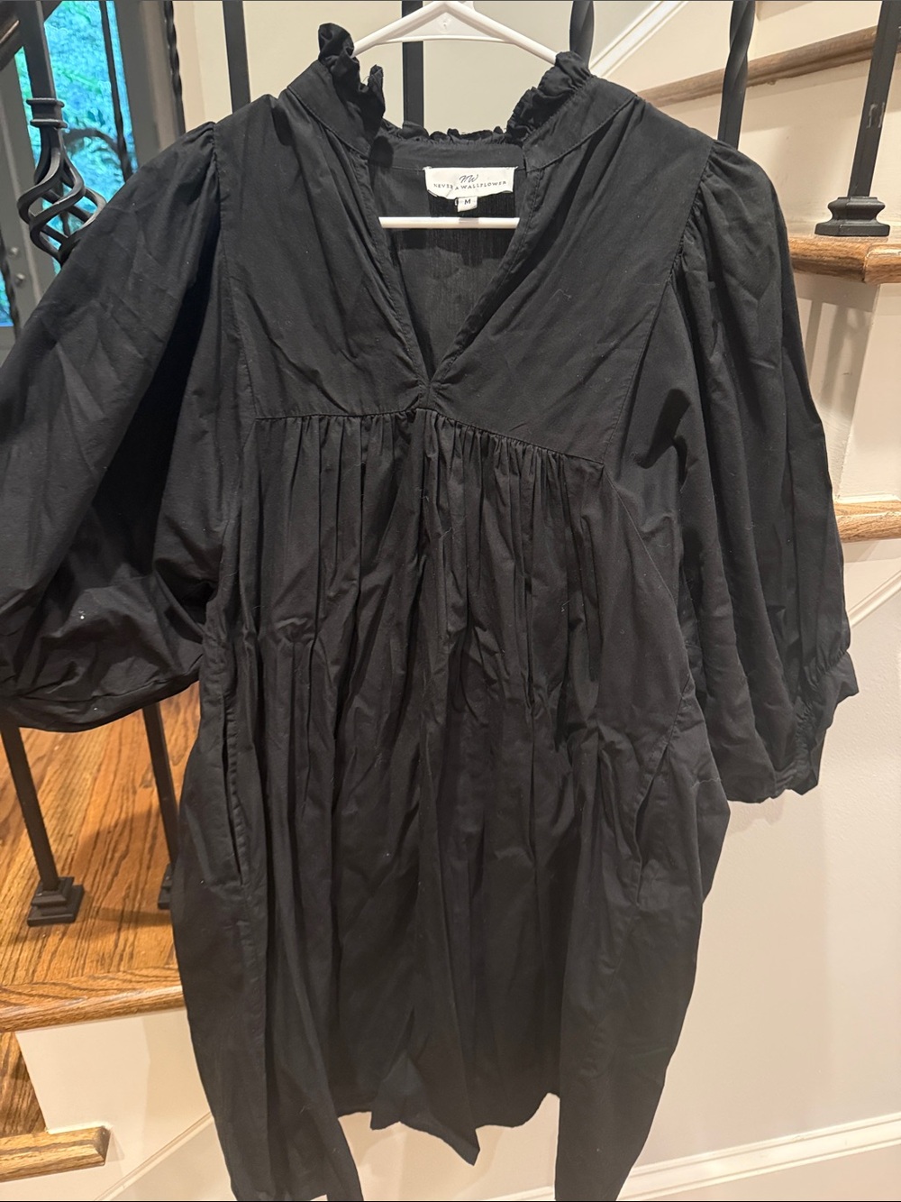 Smocked V-Neck Black Mini Dress with Puff Sleeves